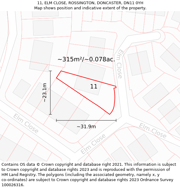 11, ELM CLOSE, ROSSINGTON, DONCASTER, DN11 0YH: Plot and title map