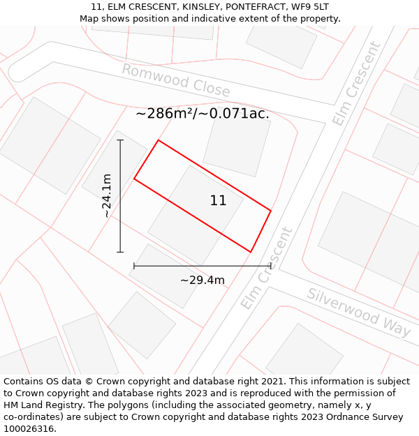 11, ELM CRESCENT, KINSLEY, PONTEFRACT, WF9 5LT: Plot and title map