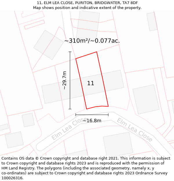 11, ELM LEA CLOSE, PURITON, BRIDGWATER, TA7 8DF: Plot and title map