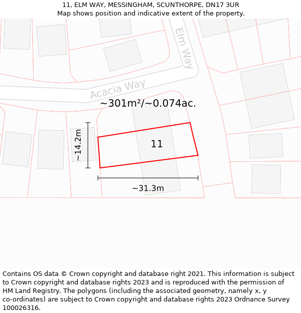 11, ELM WAY, MESSINGHAM, SCUNTHORPE, DN17 3UR: Plot and title map