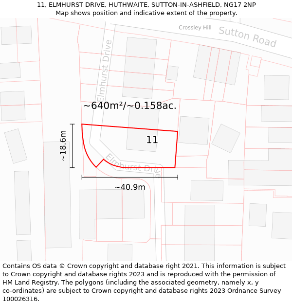 11, ELMHURST DRIVE, HUTHWAITE, SUTTON-IN-ASHFIELD, NG17 2NP: Plot and title map