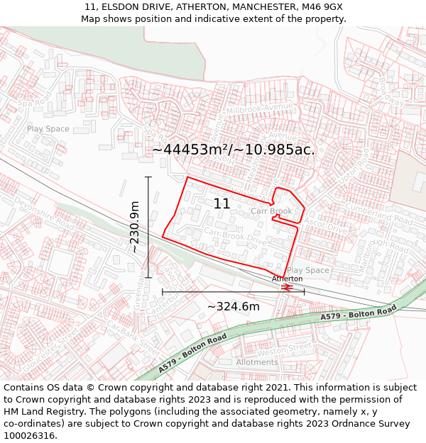 11, ELSDON DRIVE, ATHERTON, MANCHESTER, M46 9GX: Plot and title map