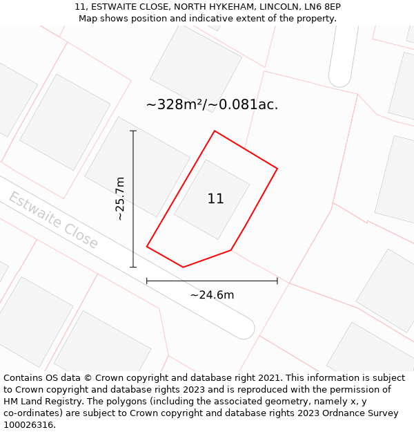 11, ESTWAITE CLOSE, NORTH HYKEHAM, LINCOLN, LN6 8EP: Plot and title map