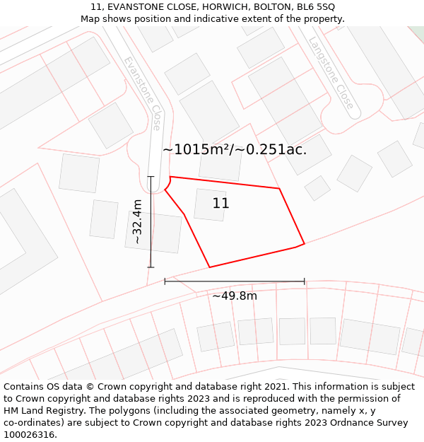 11, EVANSTONE CLOSE, HORWICH, BOLTON, BL6 5SQ: Plot and title map