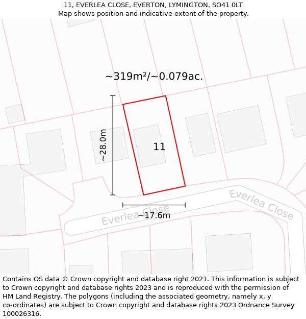 11, EVERLEA CLOSE, EVERTON, LYMINGTON, SO41 0LT: Plot and title map