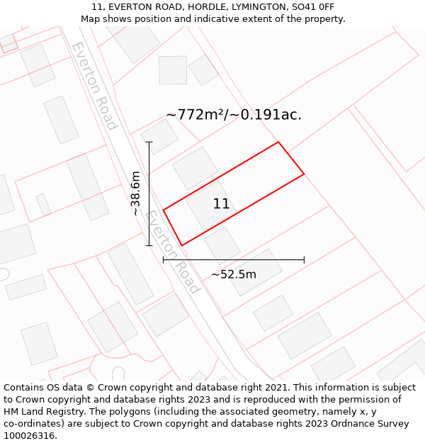 11, EVERTON ROAD, HORDLE, LYMINGTON, SO41 0FF: Plot and title map