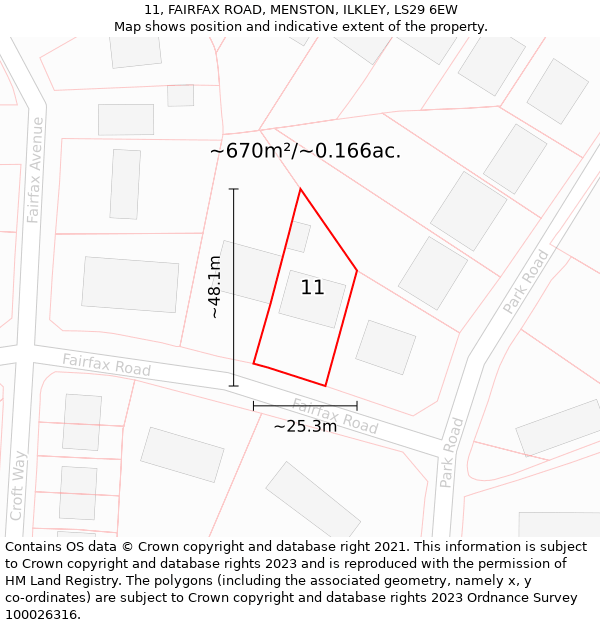 11, FAIRFAX ROAD, MENSTON, ILKLEY, LS29 6EW: Plot and title map