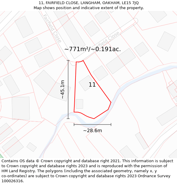 11, FAIRFIELD CLOSE, LANGHAM, OAKHAM, LE15 7JQ: Plot and title map