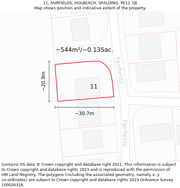 11, FAIRFIELDS, HOLBEACH, SPALDING, PE12 7JE: Plot and title map