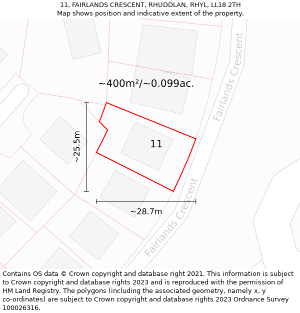 11, FAIRLANDS CRESCENT, RHUDDLAN, RHYL, LL18 2TH: Plot and title map