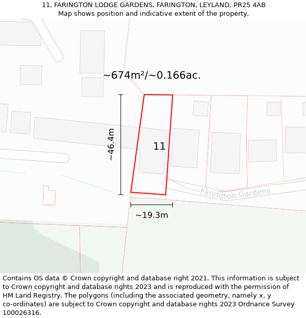 11, FARINGTON LODGE GARDENS, FARINGTON, LEYLAND, PR25 4AB: Plot and title map