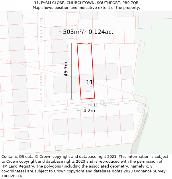 11, FARM CLOSE, CHURCHTOWN, SOUTHPORT, PR9 7QB: Plot and title map