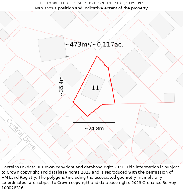 11, FARMFIELD CLOSE, SHOTTON, DEESIDE, CH5 1NZ: Plot and title map