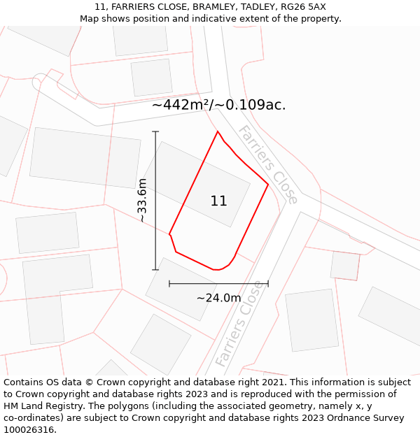 11, FARRIERS CLOSE, BRAMLEY, TADLEY, RG26 5AX: Plot and title map