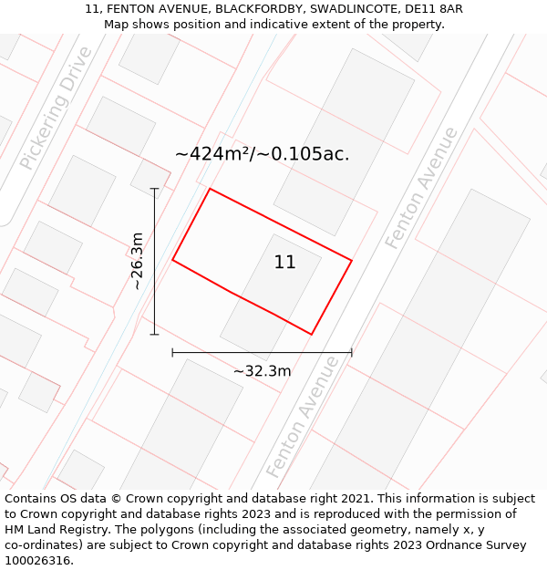 11, FENTON AVENUE, BLACKFORDBY, SWADLINCOTE, DE11 8AR: Plot and title map