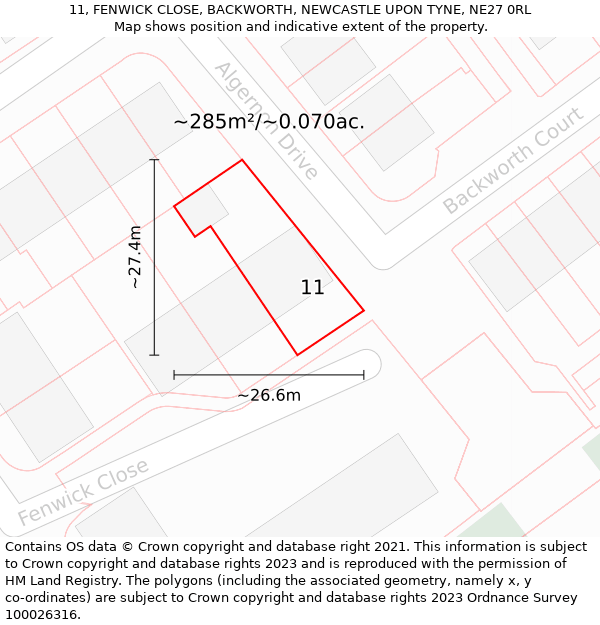 11, FENWICK CLOSE, BACKWORTH, NEWCASTLE UPON TYNE, NE27 0RL: Plot and title map