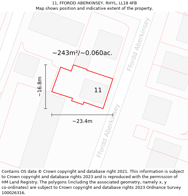 11, FFORDD ABERKINSEY, RHYL, LL18 4FB: Plot and title map