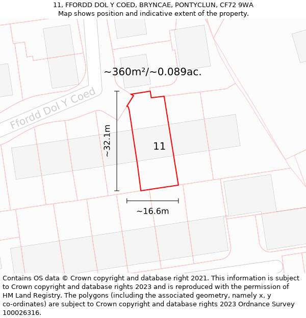 11, FFORDD DOL Y COED, BRYNCAE, PONTYCLUN, CF72 9WA: Plot and title map