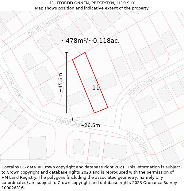 11, FFORDD ONNEN, PRESTATYN, LL19 9HY: Plot and title map