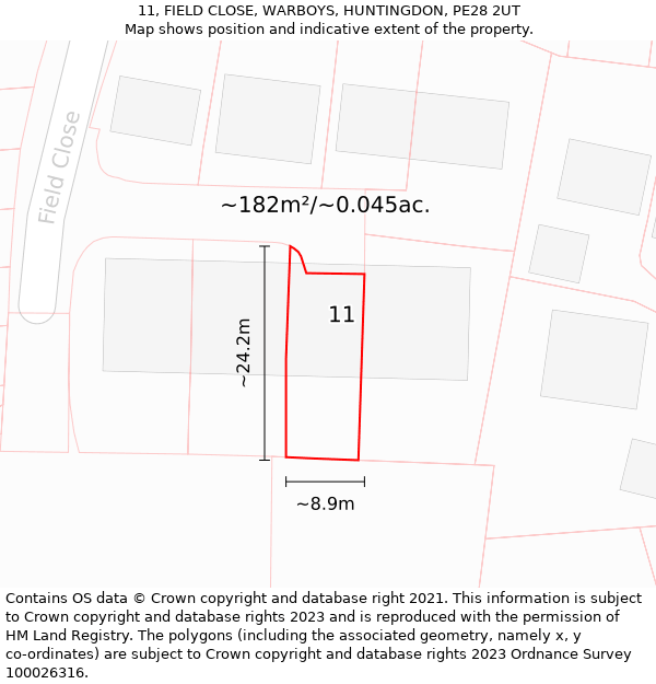 11, FIELD CLOSE, WARBOYS, HUNTINGDON, PE28 2UT: Plot and title map