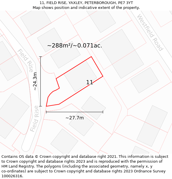 11, FIELD RISE, YAXLEY, PETERBOROUGH, PE7 3YT: Plot and title map