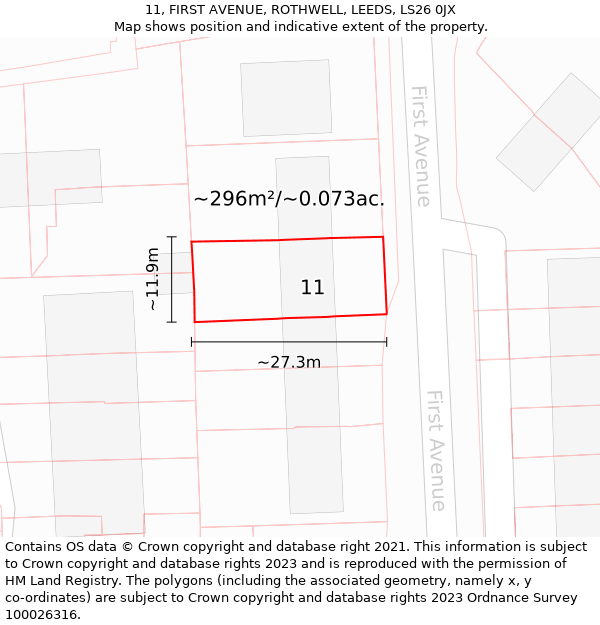 11, FIRST AVENUE, ROTHWELL, LEEDS, LS26 0JX: Plot and title map