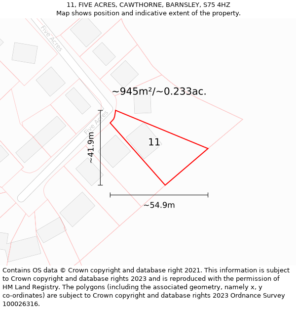 11, FIVE ACRES, CAWTHORNE, BARNSLEY, S75 4HZ: Plot and title map