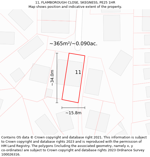 11, FLAMBOROUGH CLOSE, SKEGNESS, PE25 1HR: Plot and title map