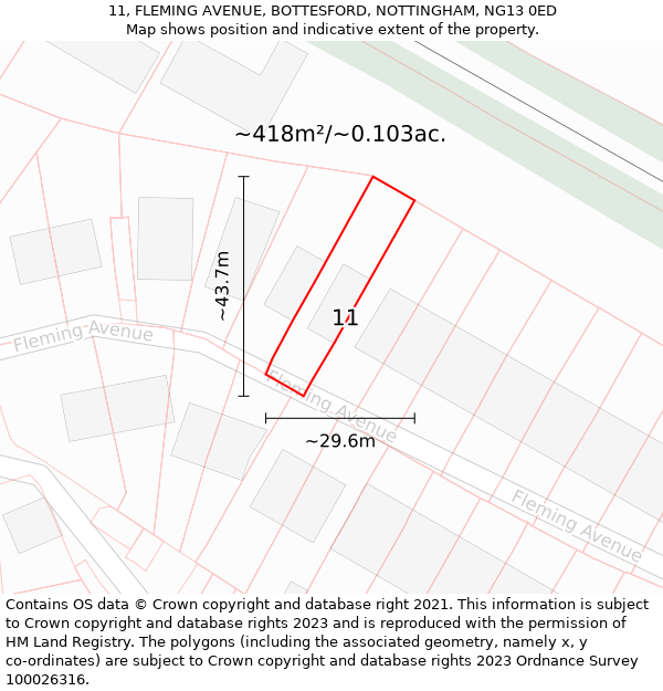 11, FLEMING AVENUE, BOTTESFORD, NOTTINGHAM, NG13 0ED: Plot and title map