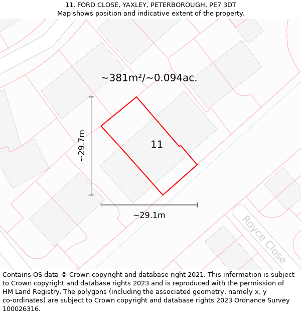 11, FORD CLOSE, YAXLEY, PETERBOROUGH, PE7 3DT: Plot and title map