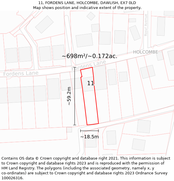 11, FORDENS LANE, HOLCOMBE, DAWLISH, EX7 0LD: Plot and title map