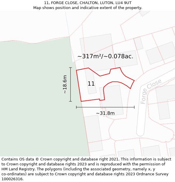 11, FORGE CLOSE, CHALTON, LUTON, LU4 9UT: Plot and title map