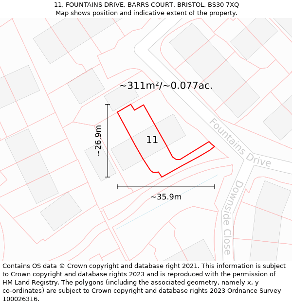 11, FOUNTAINS DRIVE, BARRS COURT, BRISTOL, BS30 7XQ: Plot and title map