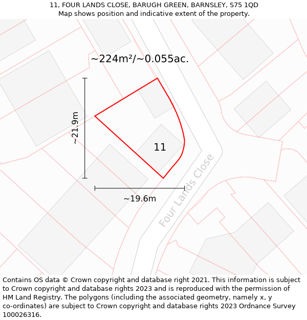 11, FOUR LANDS CLOSE, BARUGH GREEN, BARNSLEY, S75 1QD: Plot and title map