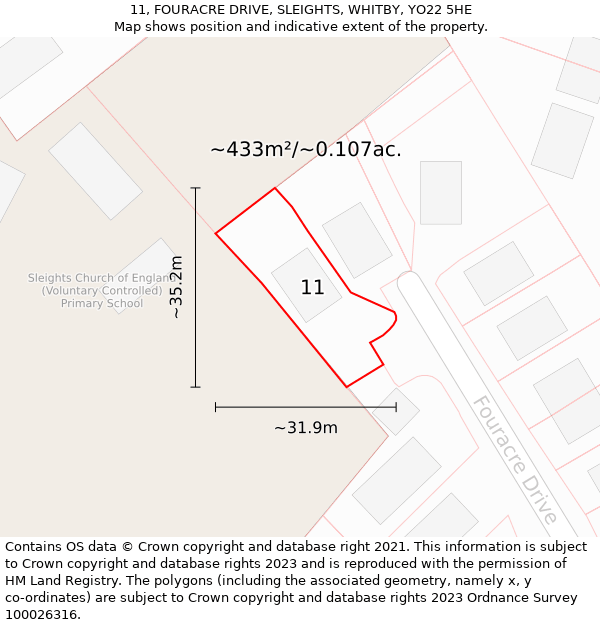 11, FOURACRE DRIVE, SLEIGHTS, WHITBY, YO22 5HE: Plot and title map