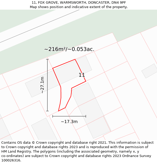 11, FOX GROVE, WARMSWORTH, DONCASTER, DN4 9PF: Plot and title map