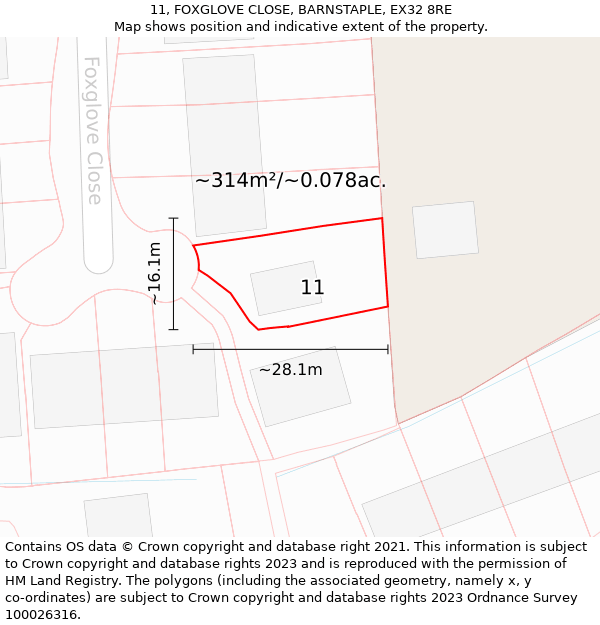 11, FOXGLOVE CLOSE, BARNSTAPLE, EX32 8RE: Plot and title map