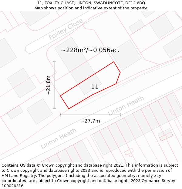 11, FOXLEY CHASE, LINTON, SWADLINCOTE, DE12 6BQ: Plot and title map