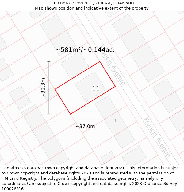 11, FRANCIS AVENUE, WIRRAL, CH46 6DH: Plot and title map