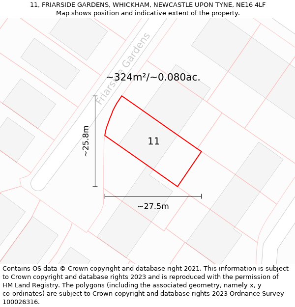 11, FRIARSIDE GARDENS, WHICKHAM, NEWCASTLE UPON TYNE, NE16 4LF: Plot and title map