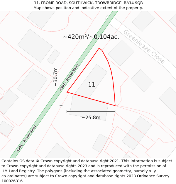 11, FROME ROAD, SOUTHWICK, TROWBRIDGE, BA14 9QB: Plot and title map