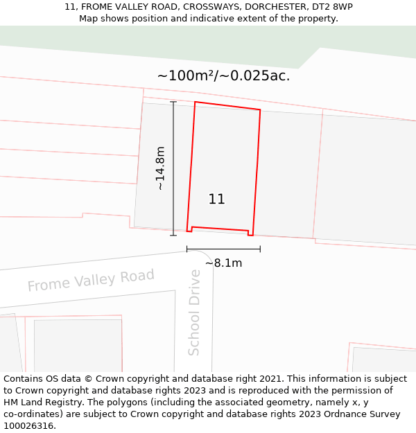 11, FROME VALLEY ROAD, CROSSWAYS, DORCHESTER, DT2 8WP: Plot and title map