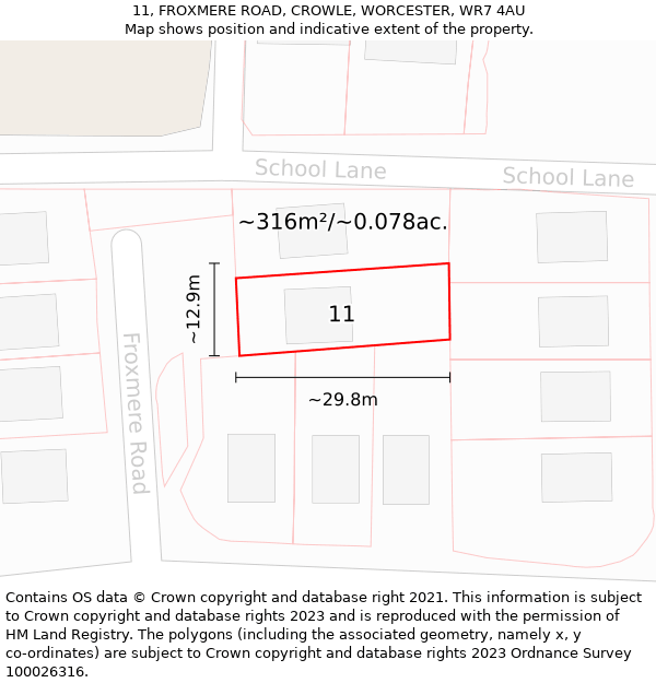 11, FROXMERE ROAD, CROWLE, WORCESTER, WR7 4AU: Plot and title map