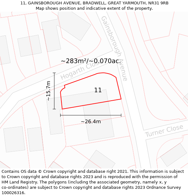 11, GAINSBOROUGH AVENUE, BRADWELL, GREAT YARMOUTH, NR31 9RB: Plot and title map