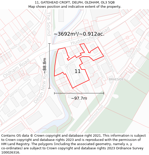 11, GATEHEAD CROFT, DELPH, OLDHAM, OL3 5QB: Plot and title map