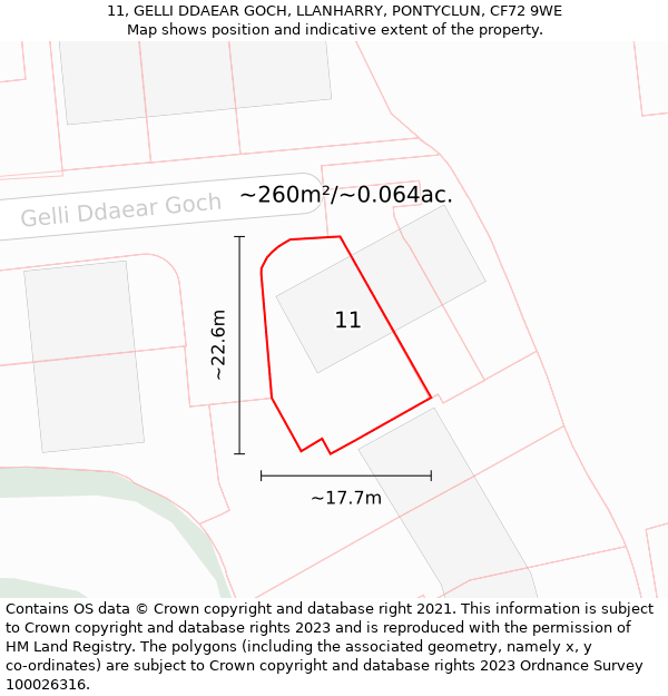 11, GELLI DDAEAR GOCH, LLANHARRY, PONTYCLUN, CF72 9WE: Plot and title map