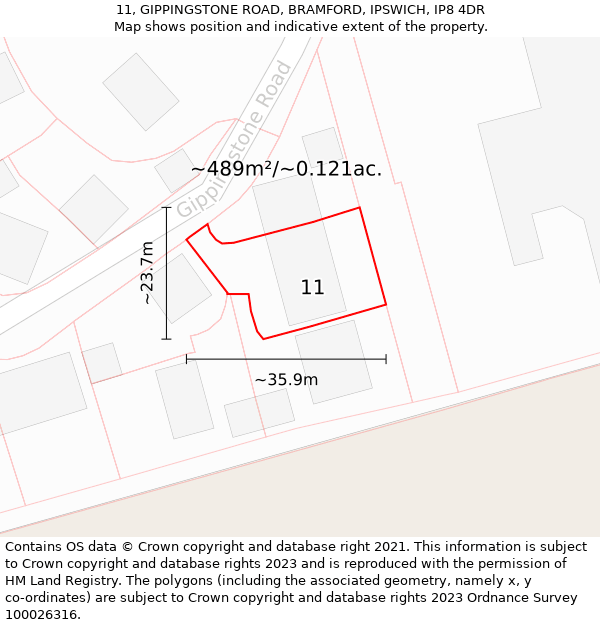 11, GIPPINGSTONE ROAD, BRAMFORD, IPSWICH, IP8 4DR: Plot and title map