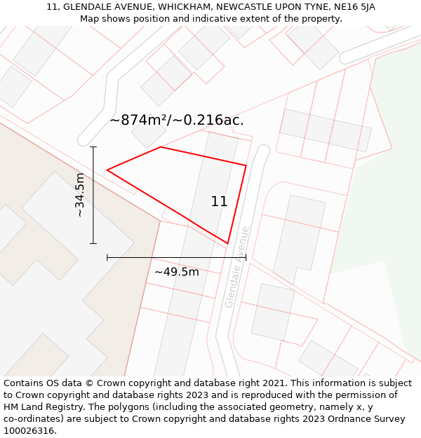 11, GLENDALE AVENUE, WHICKHAM, NEWCASTLE UPON TYNE, NE16 5JA: Plot and title map