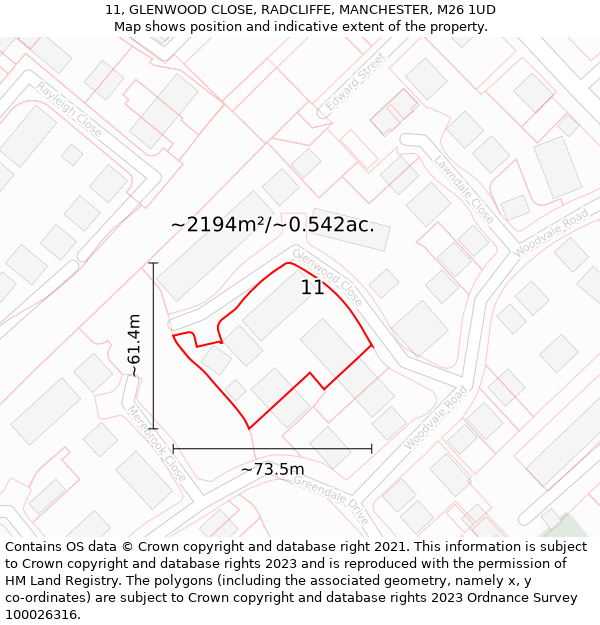 11, GLENWOOD CLOSE, RADCLIFFE, MANCHESTER, M26 1UD: Plot and title map