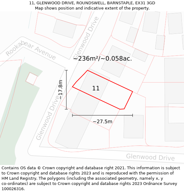 11, GLENWOOD DRIVE, ROUNDSWELL, BARNSTAPLE, EX31 3GD: Plot and title map